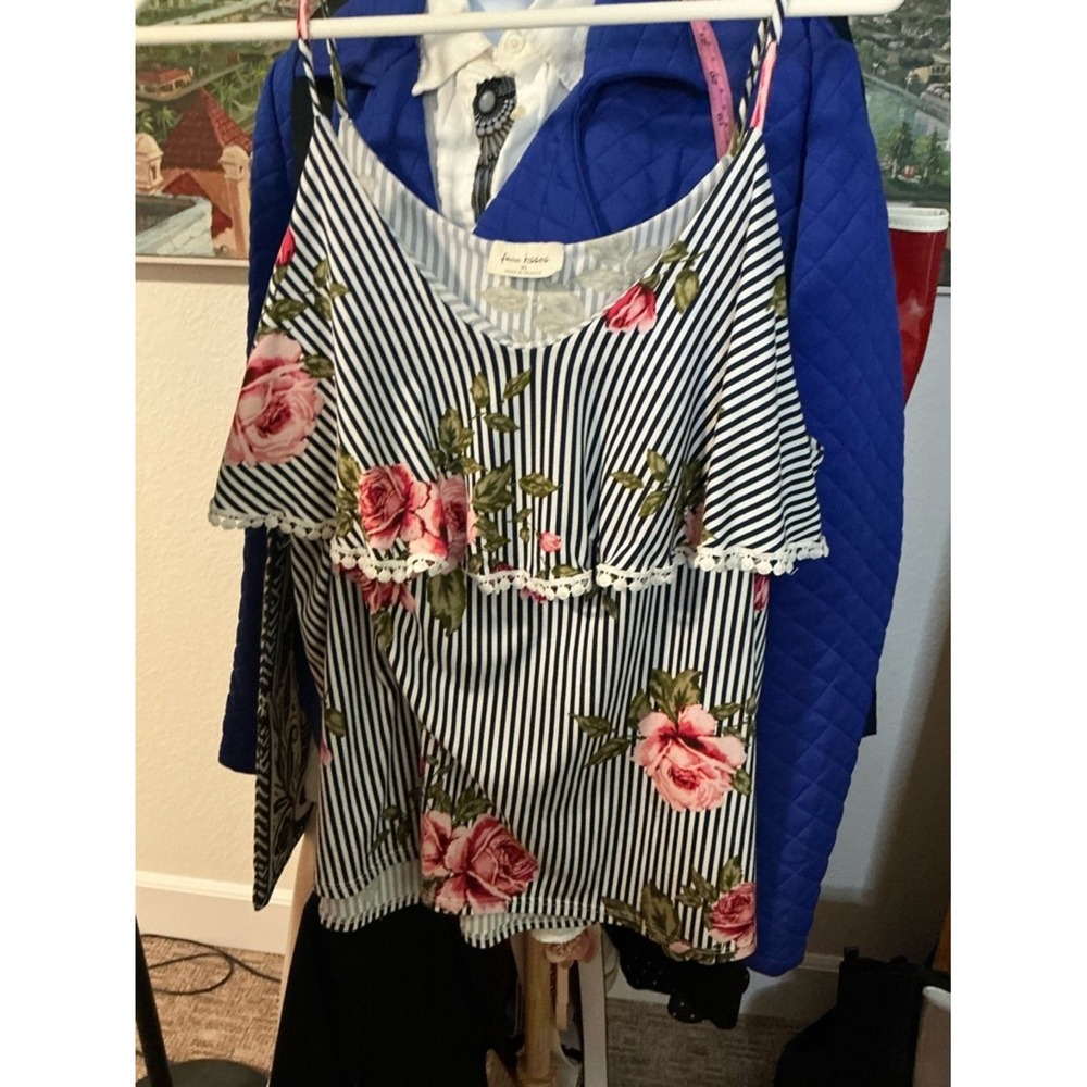 Free Kisses Navy & White Striped Floral Ruffle Cold-Shoulder Camisole